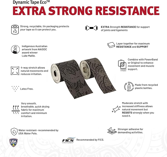 Dynamic Tape Eco - Elastic Athletic Tape Made from Recycled Materials | 4Way Biomechanical Stretch & Stronger Recoil Than Kinesiology Tape | for Sports, Muscle & Joint Load MGMT | 3” (Grey/Black)