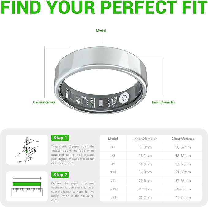 Smart Ring - Free Heart Rate SpO2 Sleep Tracker | No Subscription | IP68 Waterproof Fitness Tracker | 24/7 Activity Monitor | Step Counter & Stress Tracking | Sleep & Workout (Silver, 8)