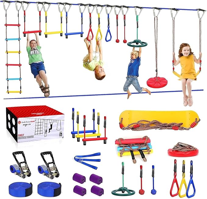 Ninja Warrior Obstacle Course for Kids Backyard-65ft Slackline Kit with 13 Obstacles, Upgraded Quick-Install Buckles No Threading, Install Anywhere, 900lbs Capacity, Easy Setup Backyard Playground Set