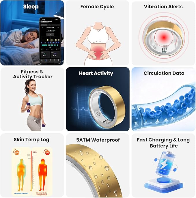 RQZ Smart Ring for Women Men, Fitness Tracker with Heart Rate Tracking, Sleep Tracking, Step Counter, Vibration Alert, 5ATM Waterproof, iOS Android Compatible, Gold Size 13
