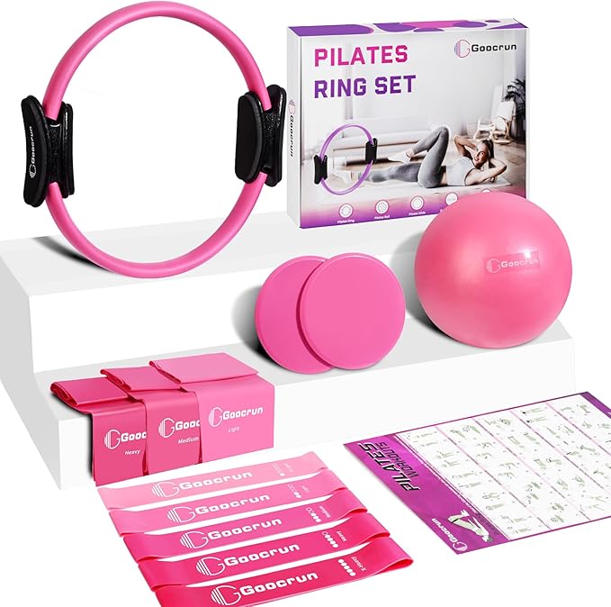 Goocrun Pilates Ring Set Exercise Equipment, with Exercise Resistance Bands Set, Pilates Ball, Sliding Disks. Portable Home Gym - with Fitness Guide Poster