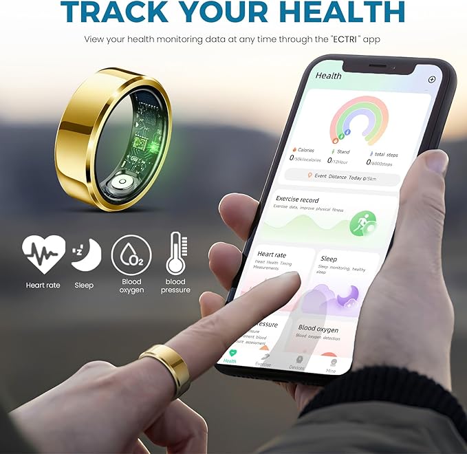 Smart Ring for Women Men Fitness Tracker with Blood Pressure,Heart Rate,Sleep Monitoring,Step Counting,for iPhone and Android,Waterproof smart blood pressure monitor,No Subscription Fees,Gold 8 size