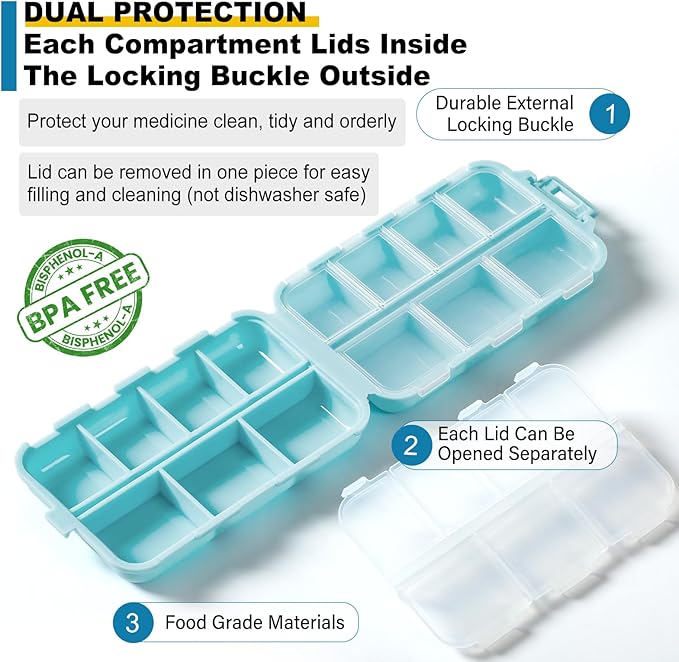 14 Grids Travel Pill Organizer Box with 415-Pcs Medicine Name Labels - Pocket Daily Pharmacy Case Container Kit - Travel Medication Holder Dispenser for Fish Oil Vitamin Supplement Storage - Sky Blue