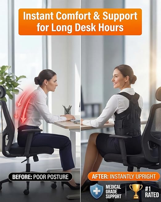 Posture Corrector for Women & Men, Back Brace Advanced Full Back Support for Upper & Lower Back Pain Relief, Spine, Neck, and Hump, X-Style Medical-Grade Lumbar Support System with Adjustable Shoulder Straightener and Breathable Design for Long Sitting...