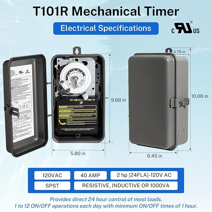 2026 Upgraded T101R 24-Hour Mechanical Timer Switch 120VAC SPST 40A Heavy Duty Timer Switch, Indoor/Outdoor Use, for Pool Pumps, Water Heaters, Lighting, Air Conditioning
