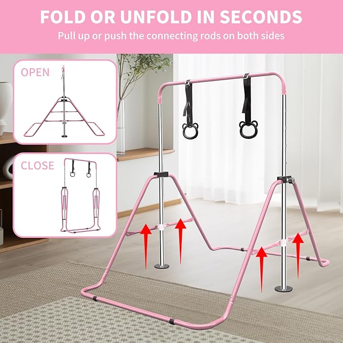 Anwick Gymnastics Bar for Kids - Height Adjustable Horizontal Monkey Bars with Rings, Folding Training Equipment for Indoor Outdoor Home Gym, Kids Exercise Pull Up Bar