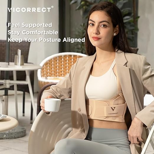 Vicorrect Adjustable Posture Corrector for Women: Comfortable Fit for Body Types - Invisible Under Clothes Wearable for Sitting and Exercise - Helps with Upper Back Shoulder Neck Pain (Beige, Medium)