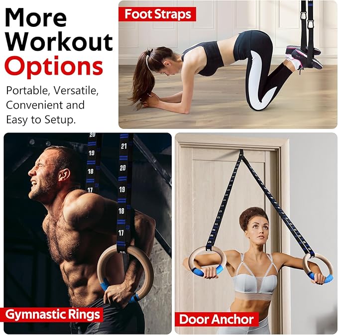 RENRANRING Gymnastic Rings Wooden Gym Rings 1.25'' Exercise Rings with Quick Adjust Numbered Straps, Olympic Rings for Home Gym Training, Workout, Calisthenics, Pull Up