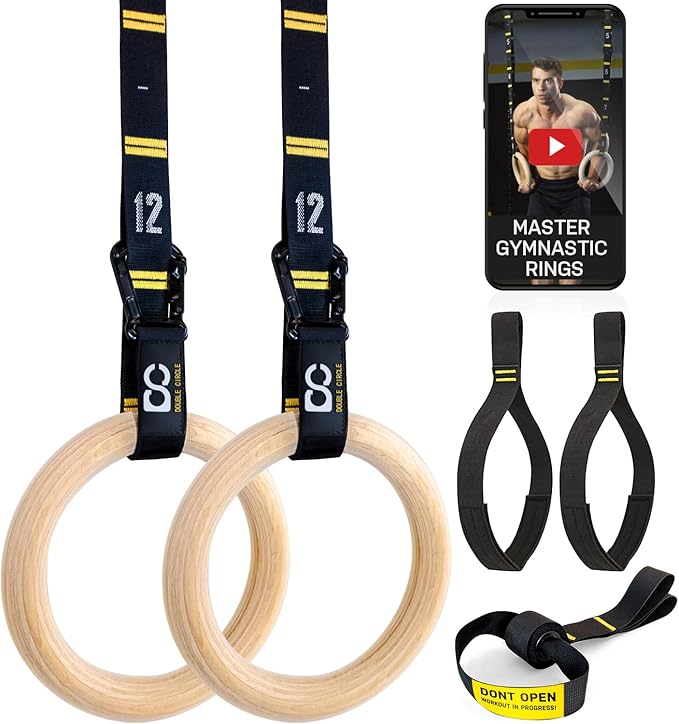 Double Circle Wood Gymnastics Rings with Quick Adjust Numbered Straps and Exercise Videos Guide - Full Body Workout Rings, Calisthenics, Home Gym (Multi-Size)