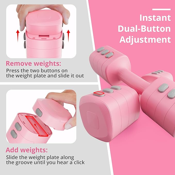 2-in-1 Adjustable Dumbbell Set for Women - 4 Levels (2.2lbs to 12.1lbs) - Home Gym Weights for Women at Home - Fitness Dumbbells