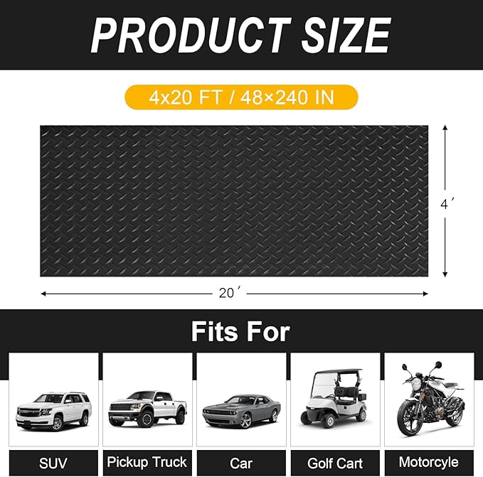 4x20FT Garage Floor Mat, 2.8mm Thickened Flooring Roll for Under Car, Golf Cart Parking Mat, Diamond Plate PVC Rubber Motorcycle Mat, Non-Slip Floor Protector for Garage Warehouse Trailer, Black