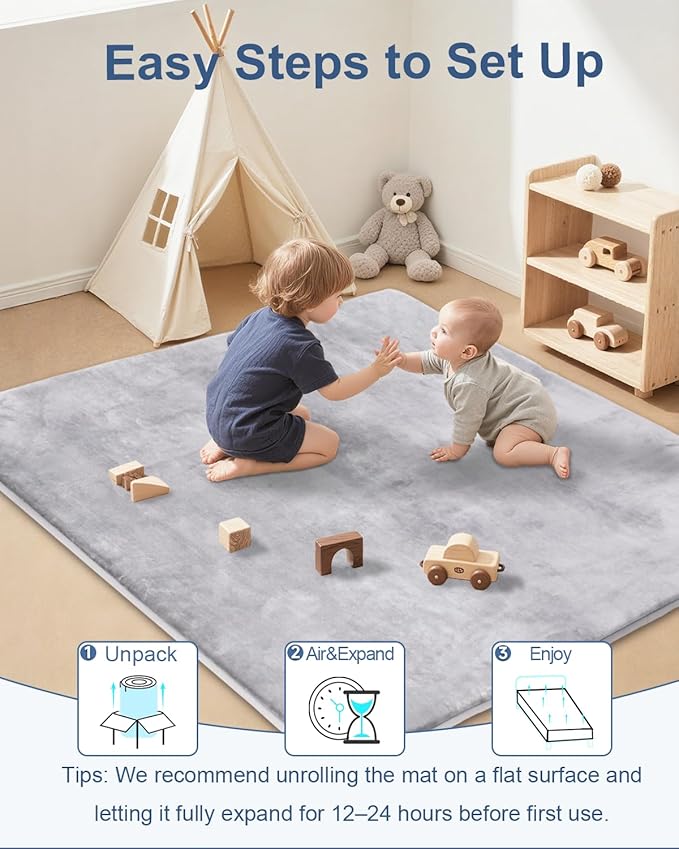 Large Thick Baby Play Mat for Floor,Padded 50x65 Playpen Mat,Foam Tummy Time Mats,Soft Support&Plush Feel Nursery Rug,Non Slip for Toddler,Infants,Kids Play,Yoga,Baby Crawling Mats (Light Grey)