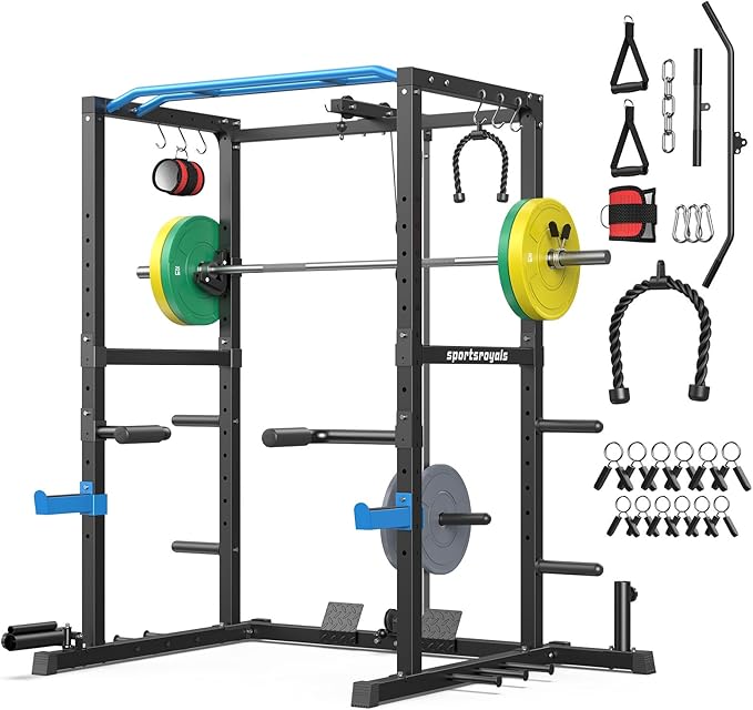 Sportsroyals Squat Rack, LAT Power Cage, Power Rack Multi-Function with Pulley System and Training Attachments for Home Gym