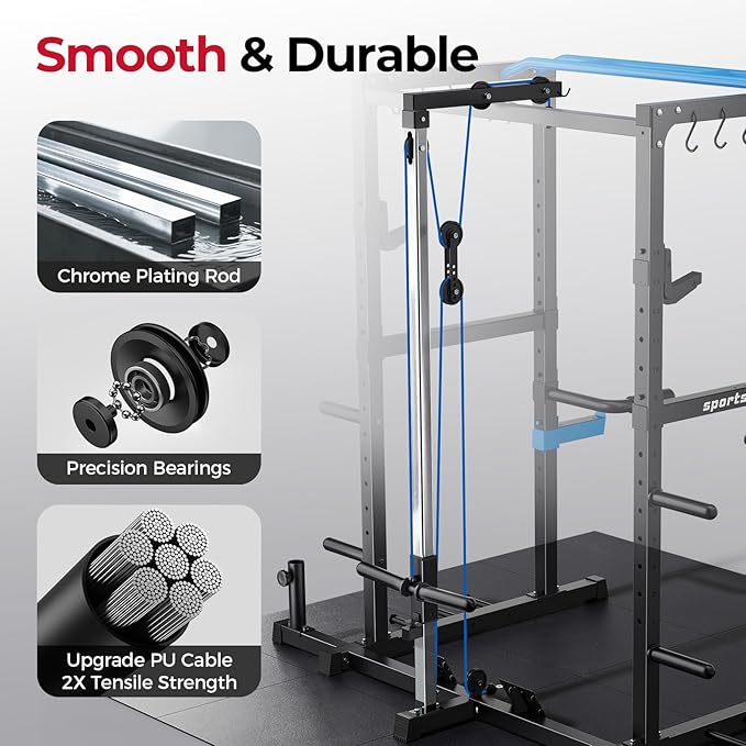 Sportsroyals Squat Rack, LAT Power Cage, Power Rack Multi-Function with Pulley System and Training Attachments for Home Gym