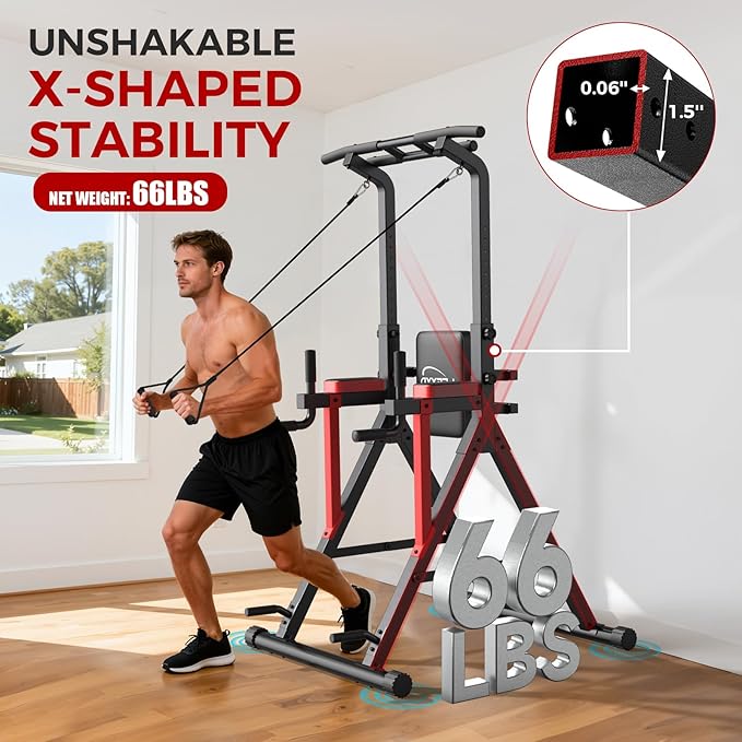 Power Tower Pull Up Bar Free Standing - 13-Level Adjustable Height Dip Station with X-Frame Stability, Multi-Grip Handles, Backrest, Anti-Slip Foot Pads - Home Gym Strength Training Equipment