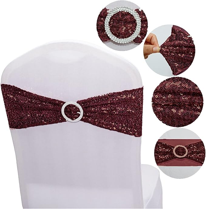 Dimatic 50 PCS Stretch Sequin Chair Sashes Chair Stretchy Spandex Bands for Wedding Reception Events Banquets Chairs Decoration (Burgundy)