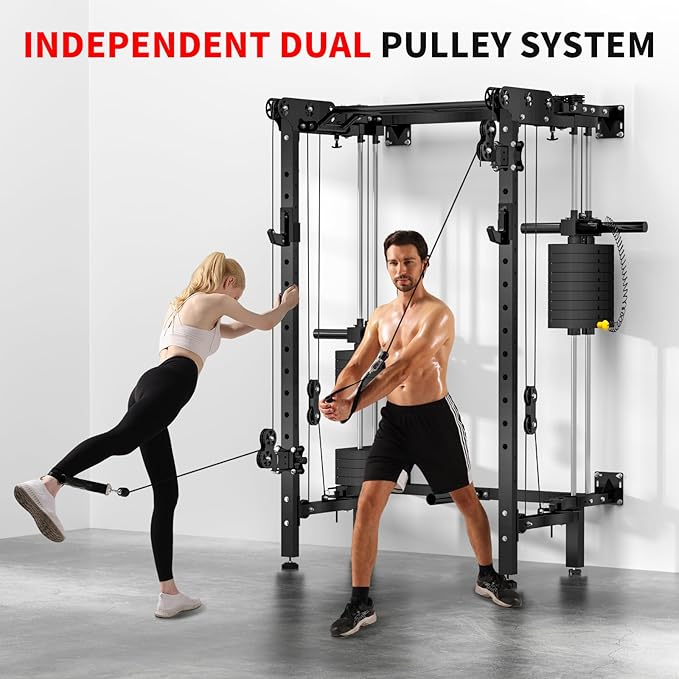 JEEKEE Folding Wall Mounted Power Rack with 180LB Weight Stack, 2400LB 2×3 Heavy Duty Squat Rack, Dual Cable Crossover System 1:1 Ratio, Functional Trainer for Home Gym Small Space,Black