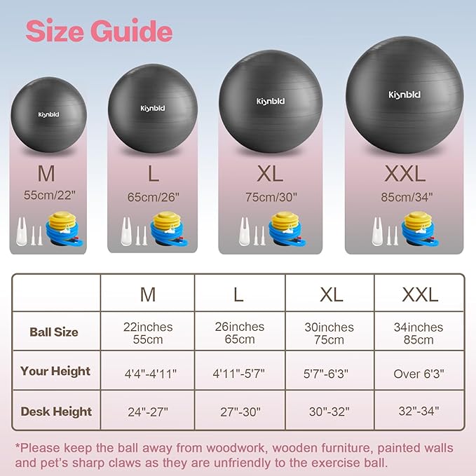 kisnbld Exercise Ball, Extra Thick Yoga Ball for Workout Pregnancy Stability, 4 Sizes Anti-Burst Balance Ball with Foot Pump - Heavy Duty Fitness Ball Chair for Office, Home & Gym