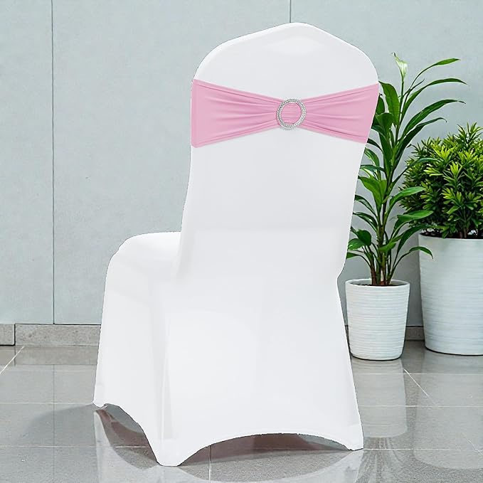 MDS Pack of 150 Spandex Chair Sashes Bows Universal fits Elastic Stretch Chair Bands Ties with Buckle Slider Bow for Wedding Decoration Spandex Slider Sashes Bow - Blush Pink