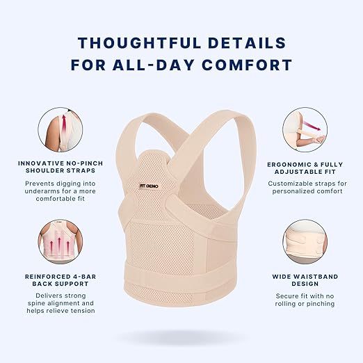Fit Geno Back Brace Posture Corrector for Men & Women: Shoulder Straightener Adjustable Full Back Support Pain Relief - Scoliosis Hunchback Spine Corrector (Small)