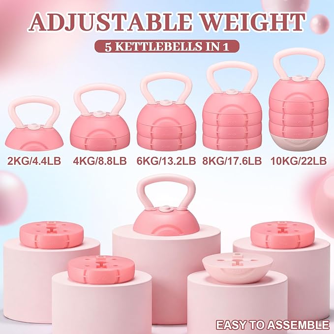 Adjustable Water Filled Kettlebell 5/8/13/17/22 lb Water Filled Kettlebells Weights Set for Home Gym, Kettle Bell Sets for Women at Home and Cross-training Exercise(Pink)