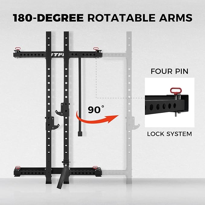 RitFit 2.36'' x 2.36'' Folding Squat Rack for Home Gym, Wall Mounted Squat Rack with Attachments - Space Saving Squat Power Rack