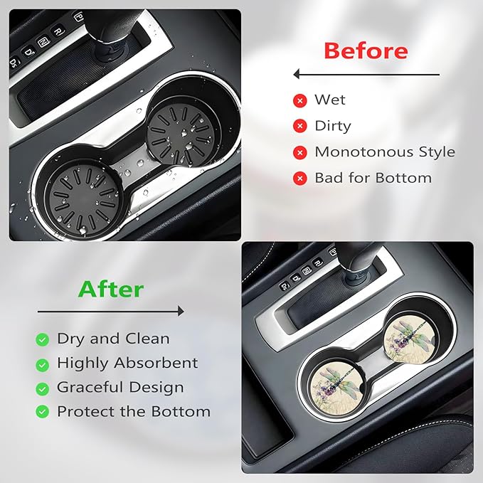 Car Cup Holder Coasters, 2 Pcs Ceramic Coasters with Finger Slot and Cork Back, Anti-Slip Shock Absorbing Women and Men Universal Car Accessories - Dragonfly