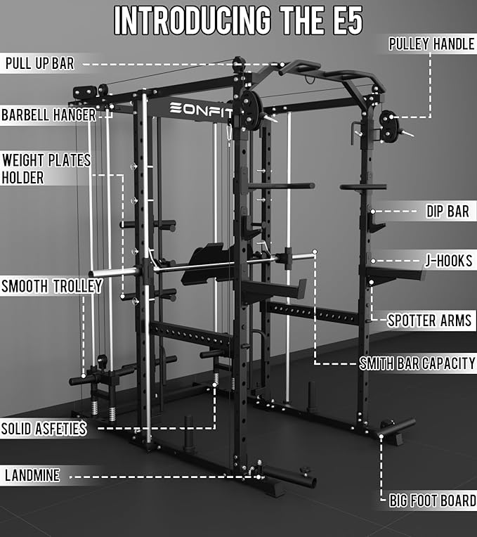 Eonfit E5 Smith Machine with Vertical Leg Press, Power Cage Squat Rack with LAT-Pull Down Cable Crossover Rotating Arms System Home Gym Equipment All in One