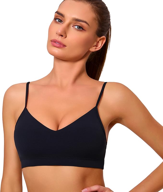 Oalka V Neck Sports Bra for Women Adjustable Padded Thin Straps Wireless Yoga Bras