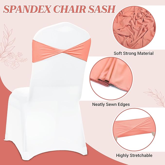 MDS Pack of 150 Spandex Chair Sashes Bows Elastic Stretch Dining Chair Bands Ties Without Slider Buckle Universal fits for Wedding Baby Shower Birthday Party Banquet Event Decoration - Peach