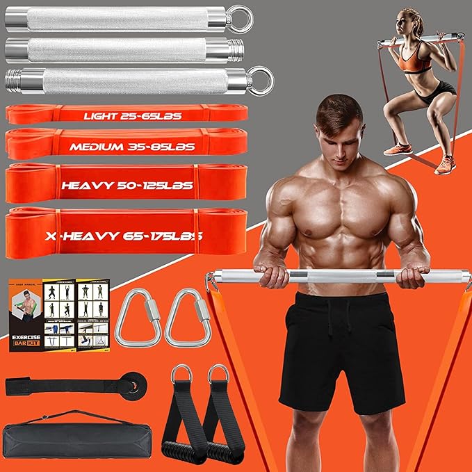 DASKING Resistance Band Bar Set for Home Gym, 500LB Total Resistance with Longer Bar & 4 Stackable Bands, Detachable for Full Body Workouts, Door Anchor, Exercise Guide