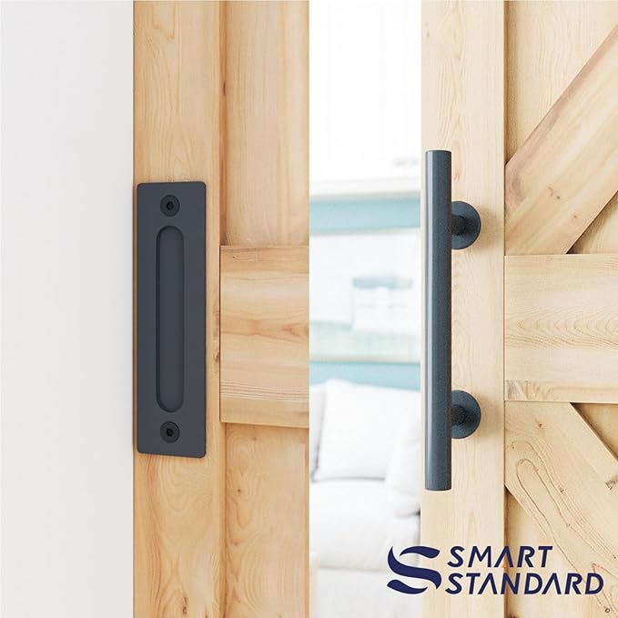 SMARTSTANDARD 7.5 FT Heavy Duty Sturdy Sliding Barn Door Hardware Kit, Black, (Whole Set Includes 1x Pull Handle Set & 1x Floor Guide) Fit 45" Wide Door Panel (I Shape Hanger)