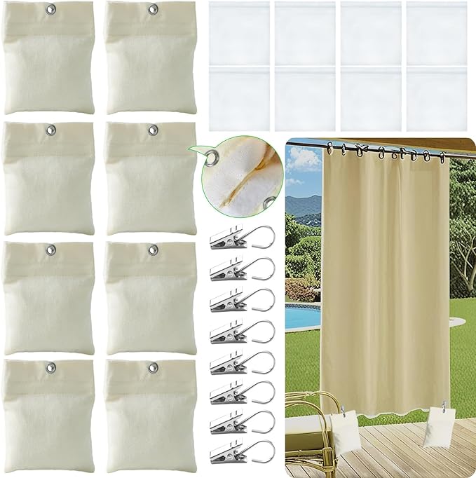 8 Pack Outdoor Curtain Weights, 15oz Empty Sandbag Weighted Bags with Metal Clips for Patio Pergola Cabana Gazebo Drapes, Garden & Windy Days Use