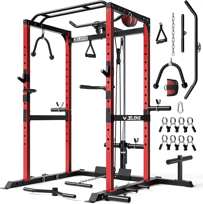 JELENS S21 Power Cage, Multi-Function Power Rack with Adjustable Cable Crossover System, 2000LBS Squat Rack for Home Gym with More Training Attachments
