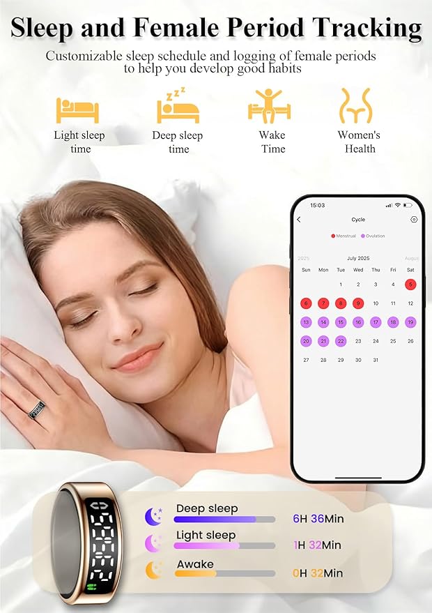 Smart Ring with LED Display，Fitness Tracker Ring, IP68 Waterproof Health Tracker Ring, Blood Oxygen & Heart Rate Monitor, Long Lasting Battery Sleep Ring for Women & Men