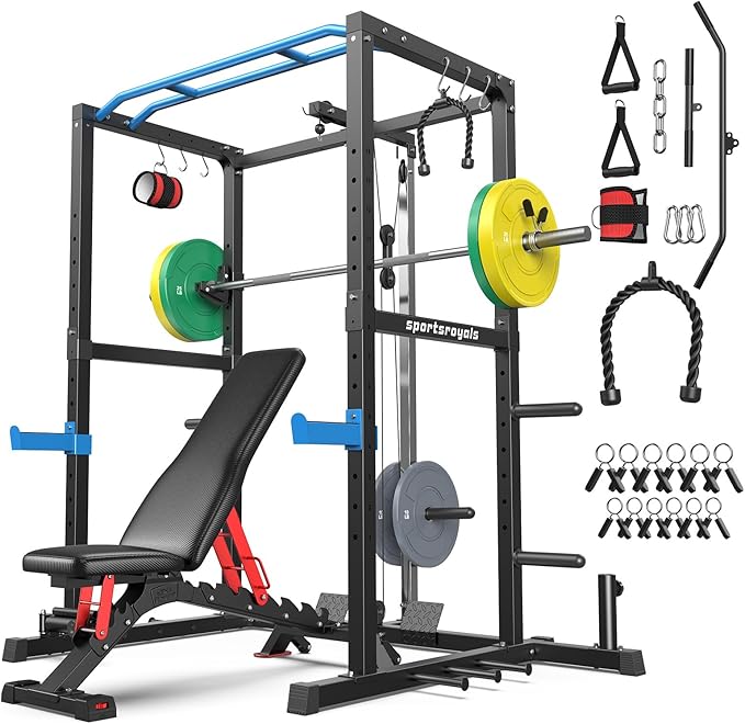 Sportsroyals Squat Rack, LAT Power Cage, Power Rack Multi-Function with Pulley System and Training Attachments for Home Gym