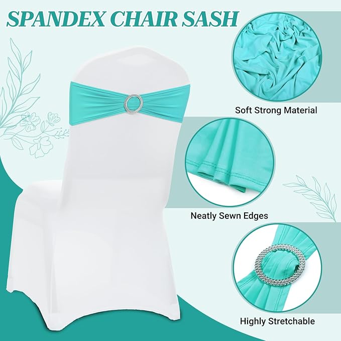 MDS Pack of 200 Spandex Chair Sashes Bow Universal fits Elastic Stretch Chair Bands Ties with Buckle for Wedding Party Banquet Events Decoration Spandex Slider Sashes Bow - Aqua Blue