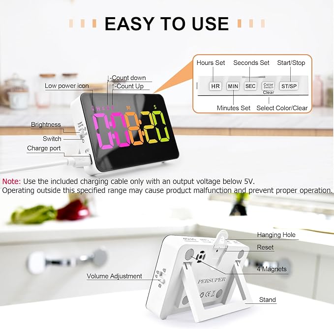 PERSUPER Kitchen Digital Timer, Count Down Up, Rechargeable, Vibration Mode Adjustable Volume and Brightness LED Display, Time Management Cook, Desk, Kids Adults Study Teaching, Kitchen Gadgets RGB