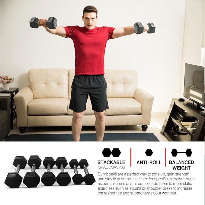 HolaHatha Hexagonal Dumbbell Weights Set, Home Gym Equipment Set, Portable Weighted Exercise Dumbbells for Fitness, Training, and Lifting Workouts