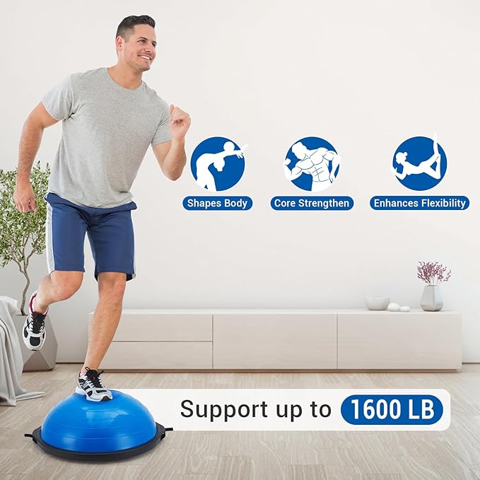 23/25In Half Balance Ball with Non-Slip Base, 1600Lb Capacity Stability Trainer for Core Workout, Includes Resistance Bands, Pump, and Bonus Ball, for Home Gym Stability Workouts