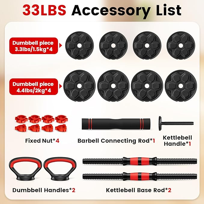 Adjustable Dumbbell Set, 20/33/45/70/90lbs Free Weight Set with Connector, 4 in1 Dumbbells Set Used as Barbell, Kettlebells, Push up Stand, Weight Set for Home Gym Suitable Men/Women