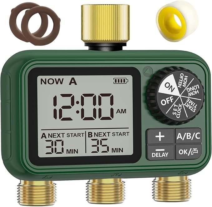 Water Timer for Outdoor Garden Hose, Sprinkler Timer for Garden Faucet with Auto/Manual/Rain Delay Mode, Sprinkler Irrigation Controller for Yard Lawn (3 Zones Brass Inlet & Outlet)