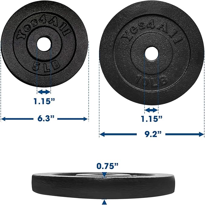 Yes4All 1.15 Inch Cast Iron Weight Plate - Ideal for Dumbbell Handle, Strength Training & Weightlifting (Set) - 1.25 + 2.5 + 5 +10lbs - Pair (Set of 8)