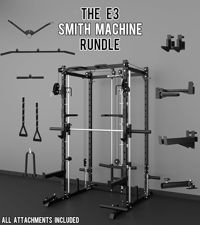 Eonfit E3 Smith Machine for Home Gym Equipment, Multi-Function Power Cage Squat Rack with Cable Crossover LAT Pulldown Pulley System All in One
