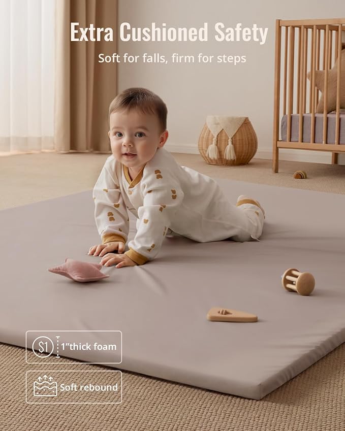 Blissful Diary Vegan Leather Baby Play Mat, 71x59 Thicken Foam Cushioned & Waterproof Playpen Mat for Infants and Toddlers, Stylish and Just Wipe-Clean Playmat for Baby Play on Floor, Taupe