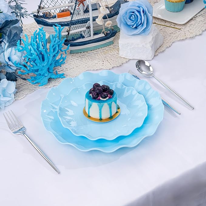 LIYH 24 Pcs Blue Plastic Plates Reusable - Unbreakable Light Blue Easter Scalloped Plates, Dishwasher Safe Camping Plate for Parties, Birthday, Picnics, BPA Free (12Guests)