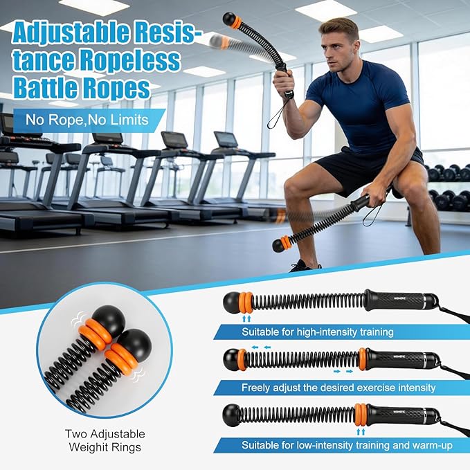 Weighted Ropeless Battle Ropes Adjustable Weight - Portable Cordless Battle Ropes for Home Gym with Poster - Strength Building, HIIT and Low-Impact Aerobic Training for Men & Women (Black Orange)