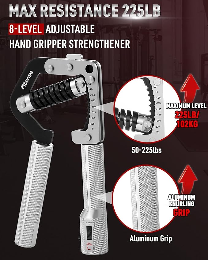 Grip Strength Trainer - Adjustable Hand Gripper Strengthener 8 Levels 50-225 lbs with Counter, Hand Grip Exerciser Wrist Strengtheners, Forearm, Finger & Hand Strength Training for Athletes, Climbers & Rehabilitation