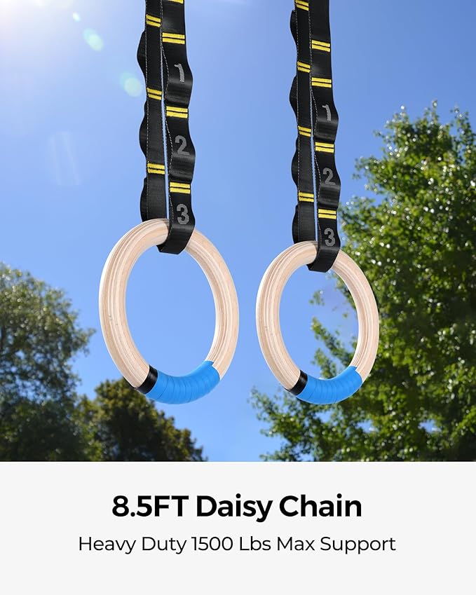 PACEARTH Gymnastics Rings 32mm Wooden Olympic Rings Support 1500lbs Locked Carabiners 9ft Double-Layer Numbered Straps Non-Slip Gym Rings with Foot Straps Door Anchor for Home Gym Full Body Workout