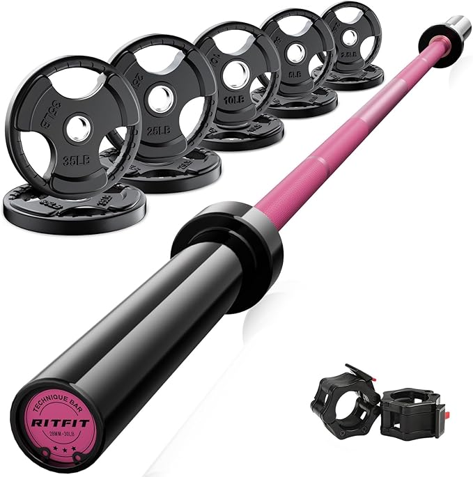 RitFit Barbell Weight Set - 4/6FT Olympic Barbell with Weight Plates (55-115LB Total) - Weightlifting Equipment for Squats, Curls, Deadlifts, Presses, Hip Thrusts